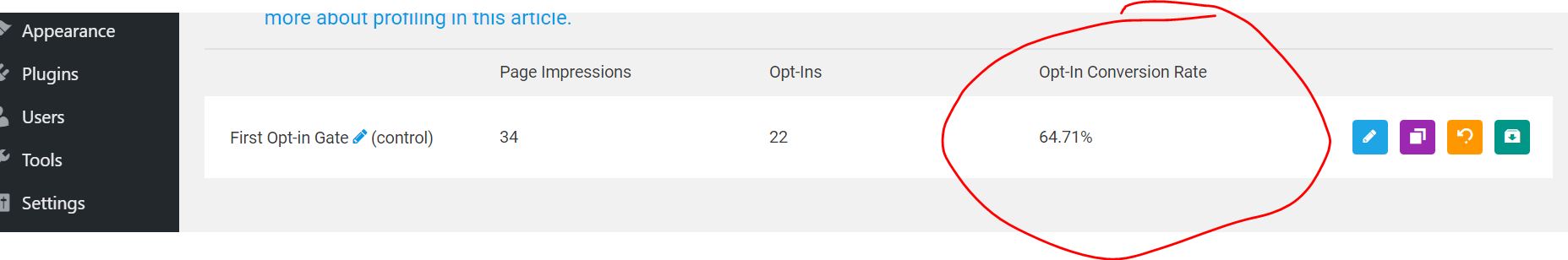 WordPress opt-in report showing 34 impressions, 22 opt-ins and a 64.71% conversion rate
