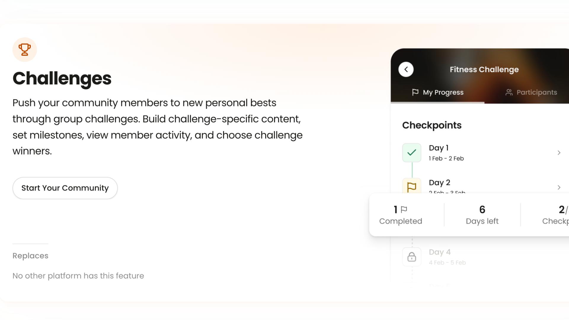 Nas.io Challenges feature showing a fitness challenge with daily checkpoints