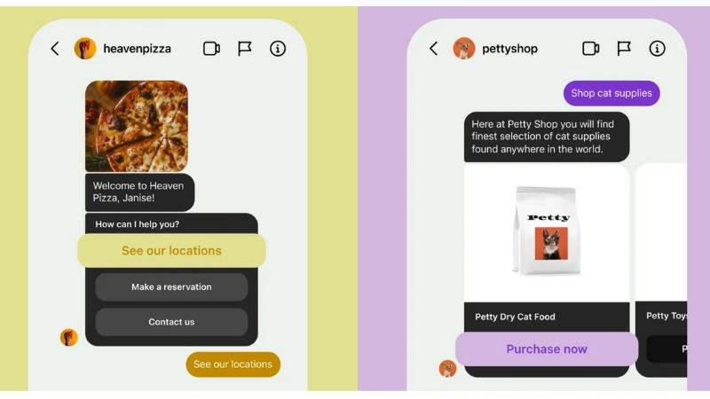 Instagram DM automation examples from a pizza shop and a pet supply shop built with Manychat