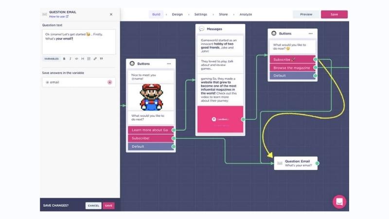 Landbot flow builder with button choices and an email capture question