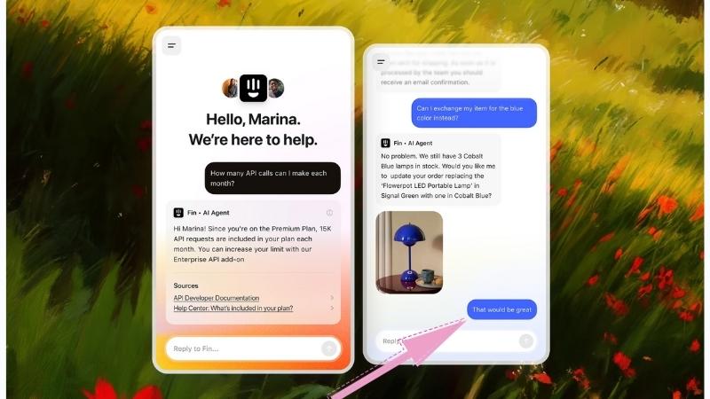 Intercom Fin AI agent answering customer questions about API limits and an order exchange