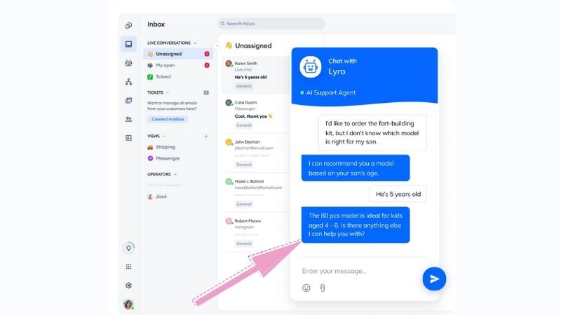 Tidio inbox beside a Lyro AI support agent chat recommending a toy by a child's age