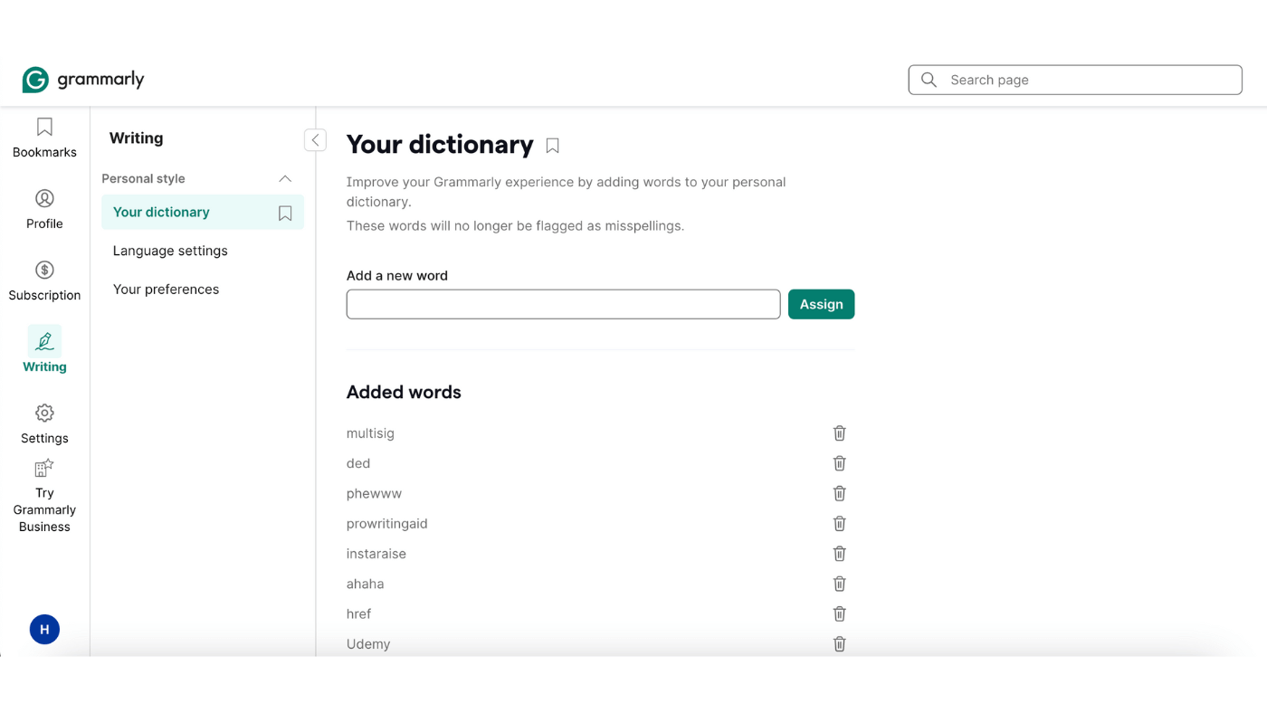 My personalized grammarly dictionary
