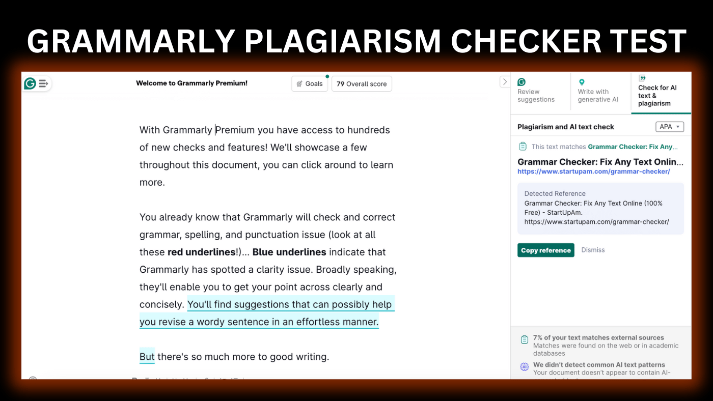 Grammarly Premium plagiarism check showing 7% of the text matching an external source