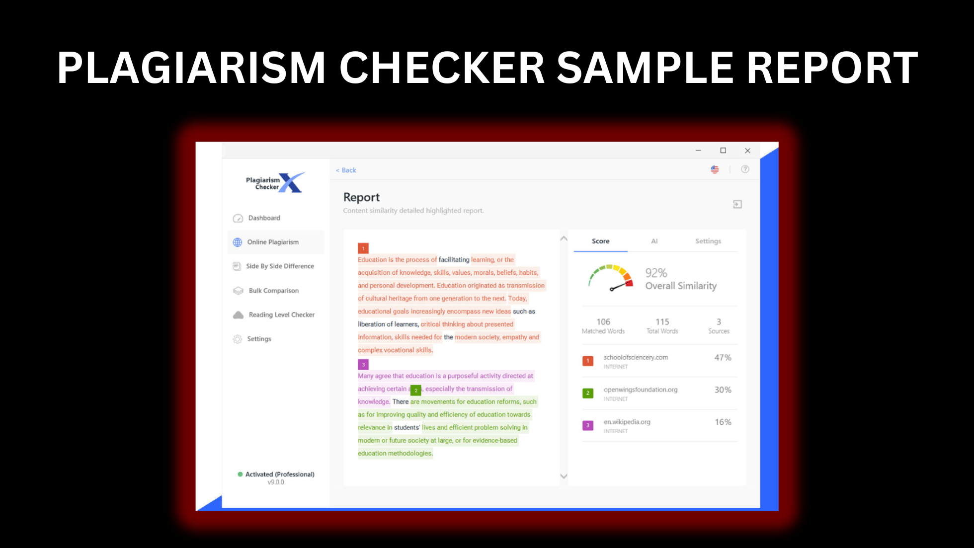 Plagiarism Checker X sample report showing 92% overall similarity with three matched sources