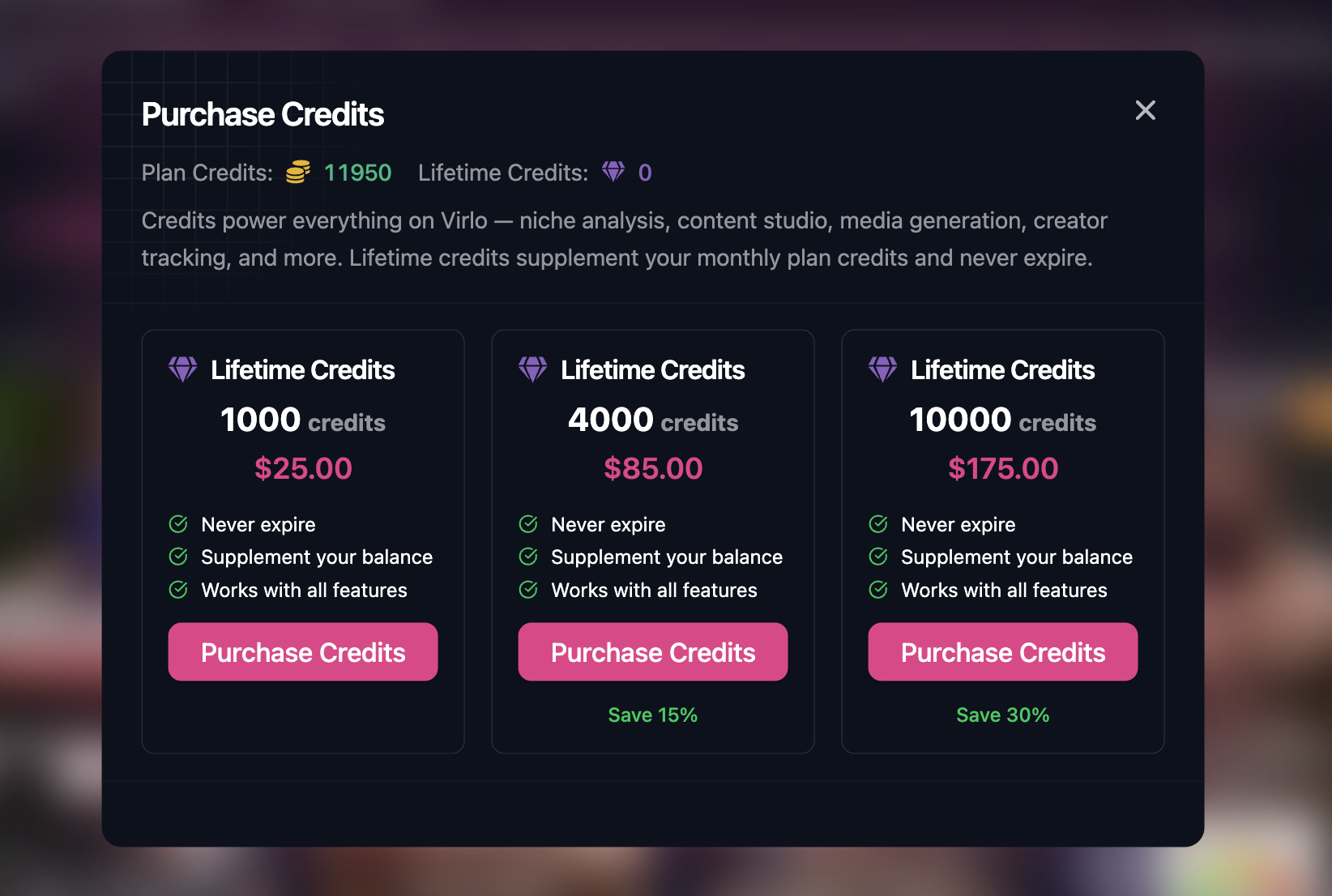 Virlo option to buy extra credits on any plan