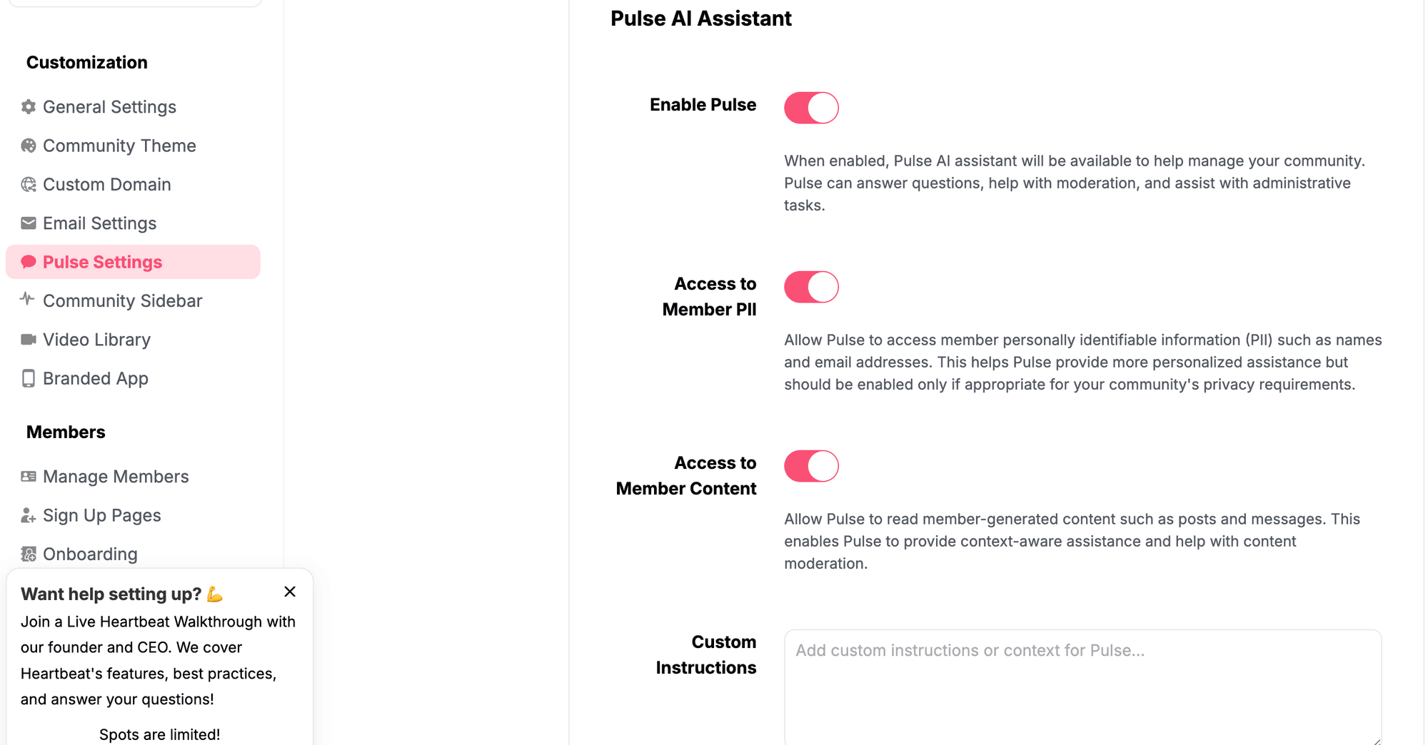 Heartbeat Pulse AI Assistant settings with toggles for member data and content access