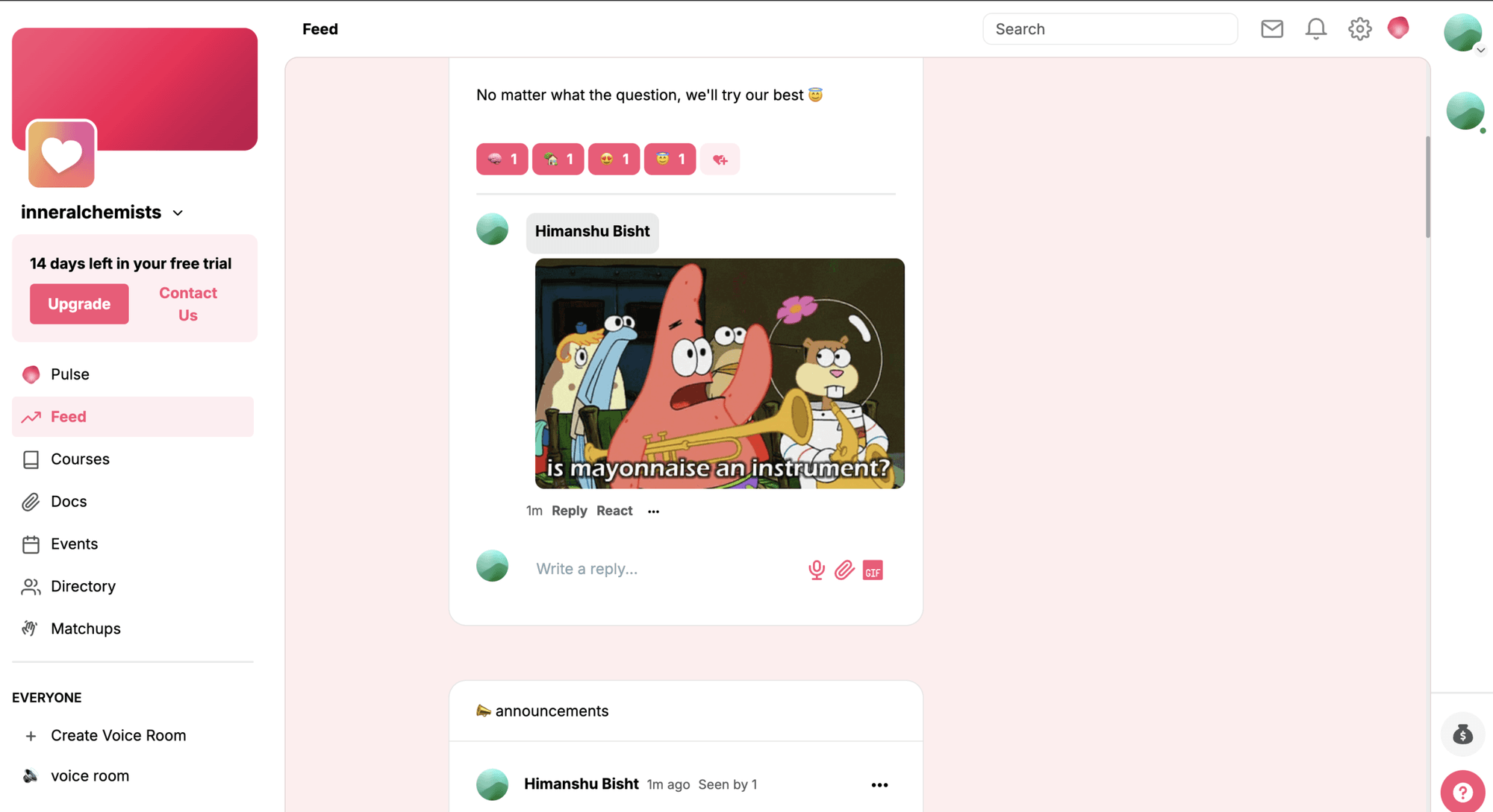Heartbeat community feed as seen by the owner, with a meme reply and sidebar menu