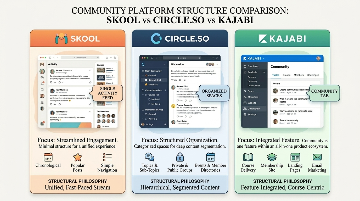 Side-by-side comparison of how Skool, Circle.so and Kajabi structure their communities