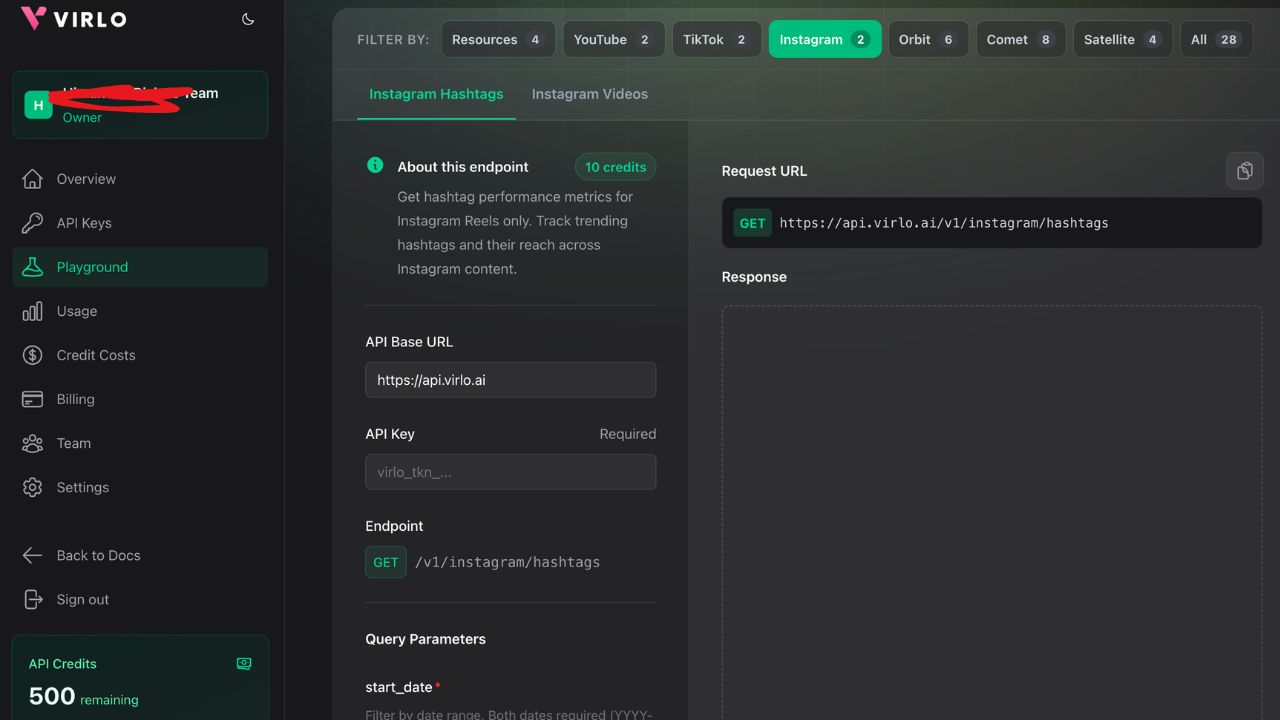 Virlo API dashboard with a live example