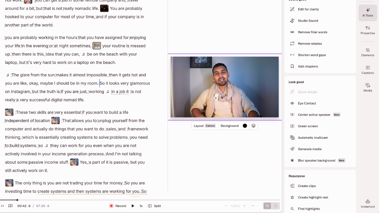 Descript editor with a transcript, video preview and AI tools like remove filler words