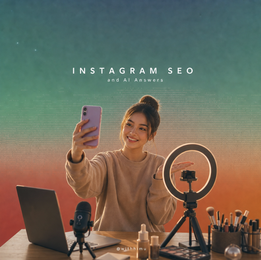 Creator taking a selfie at a ring light desk under the title Instagram SEO and AI answers