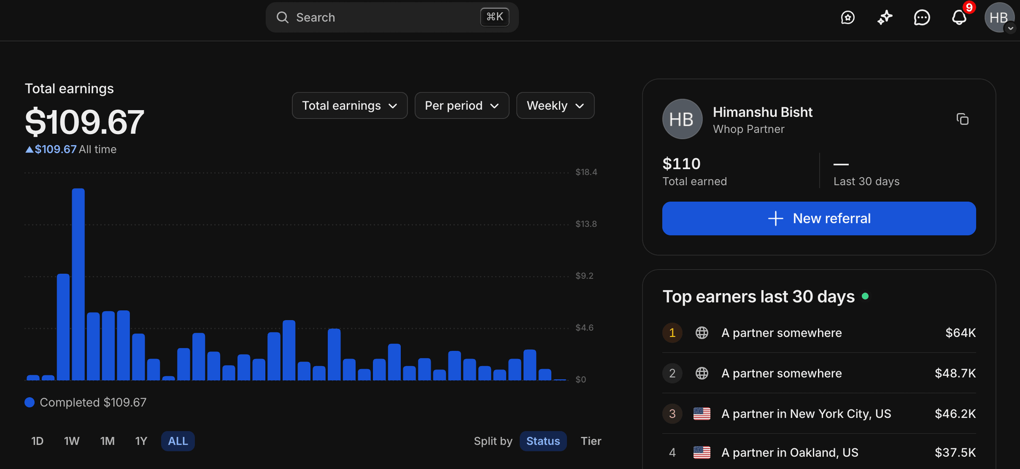 Whop partner dashboard showing $109.67 in total earnings with a weekly bar chart