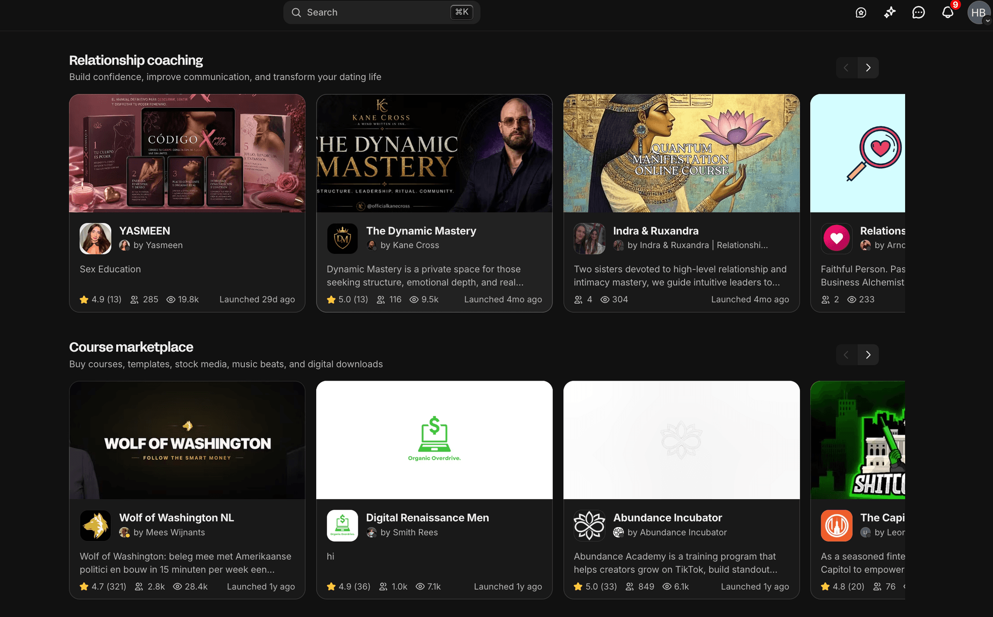 Whop discover page with relationship coaching and course marketplace listings