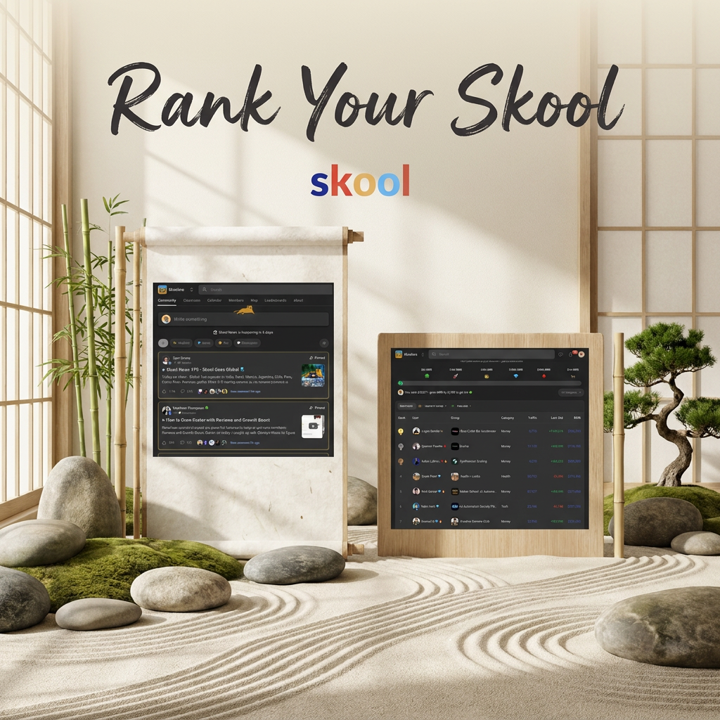 Skool community feed and leaderboard screenshots displayed in a zen garden setting