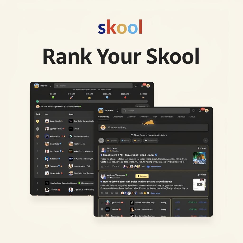 Skool logo above the heading Rank your Skool with leaderboard and feed screenshots