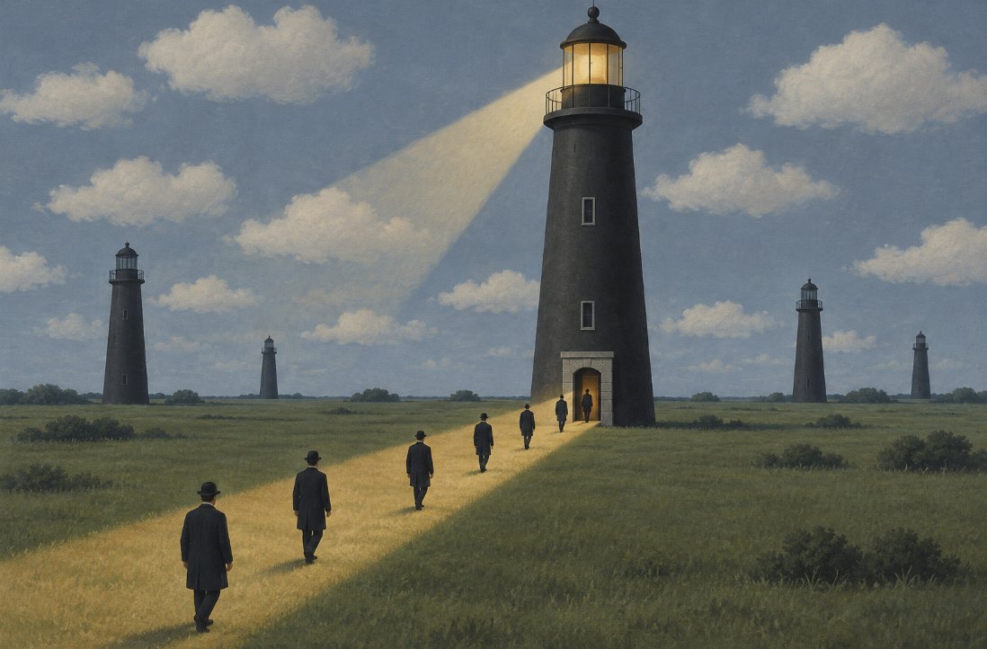 Painting of men walking a lit path to one lighthouse among several dark ones