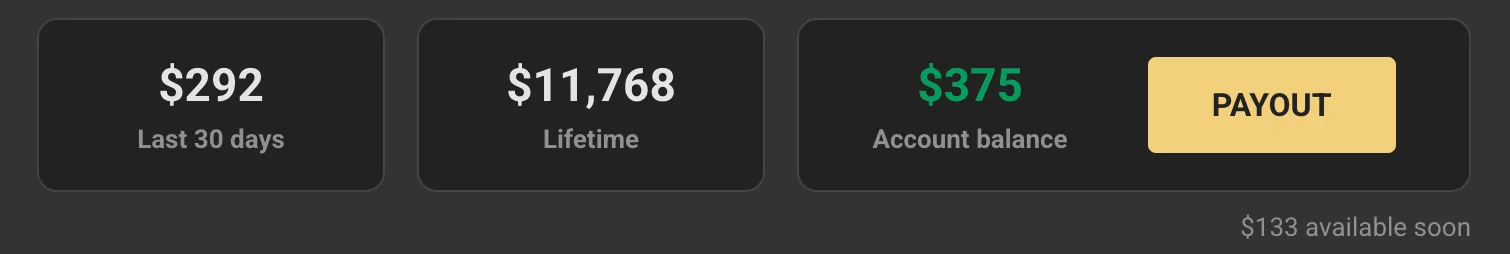 Skool affiliate dashboard showing $292 in the last 30 days, $11,768 lifetime and a $375 account balance